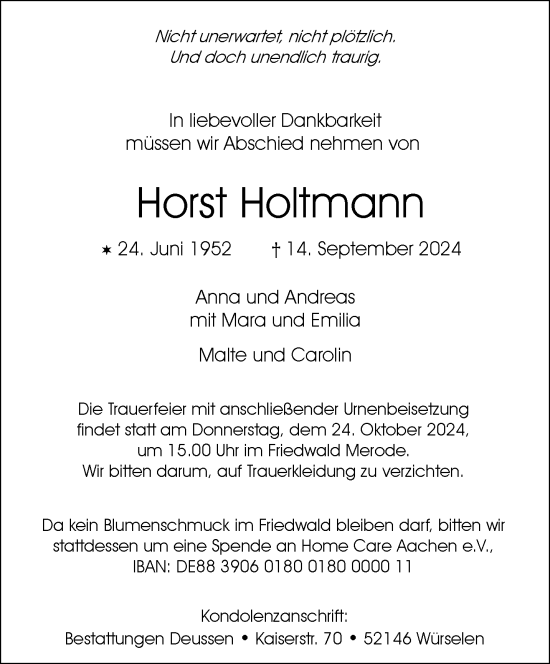 Traueranzeige von Horst Holtmann von Aachener Zeitung
