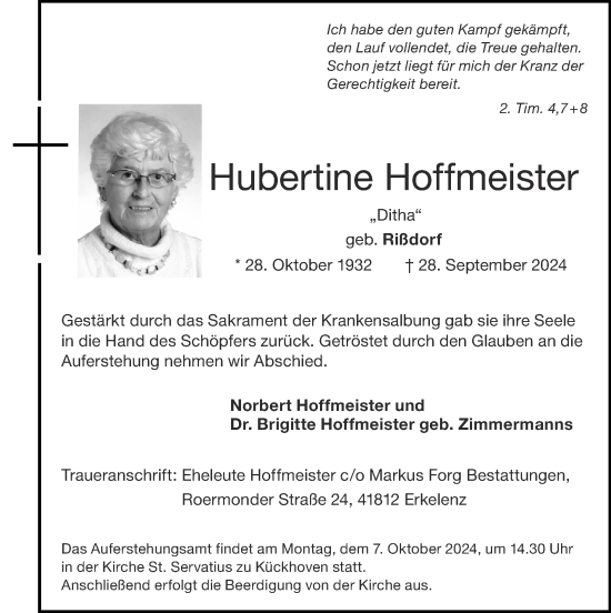 Traueranzeige von Hubertine Hoffmeister von Zeitung am Sonntag