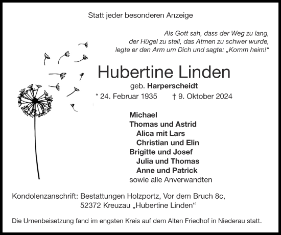 Traueranzeige von Hubertine Linden von Zeitung am Sonntag