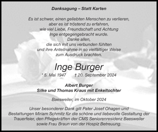Traueranzeige von Inge Burger von Zeitung am Sonntag