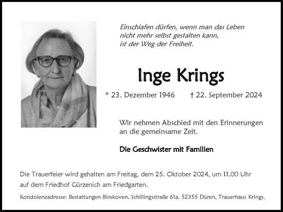 Traueranzeige von Inge Krings von Zeitung am Sonntag