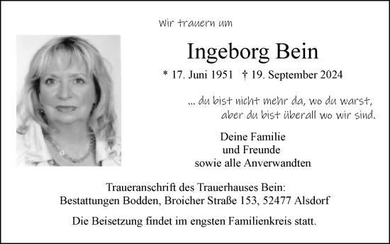 Traueranzeige von Ingeborg Bein von Zeitung am Sonntag