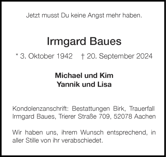 Traueranzeige von Irmgard Baues von Zeitung am Sonntag