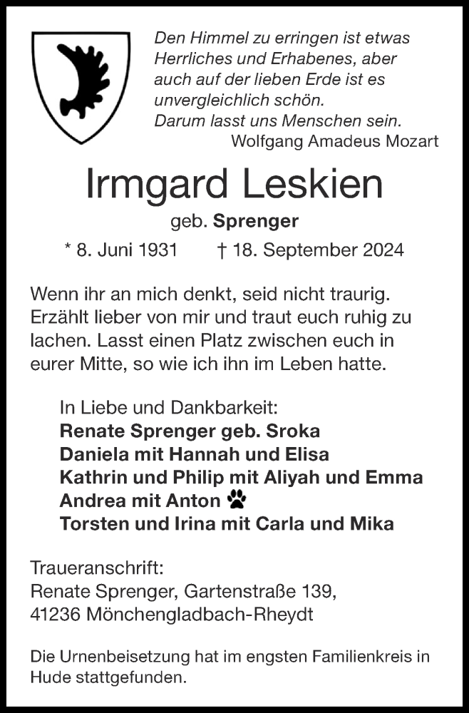  Traueranzeige für Irmgard Leskien vom 27.10.2024 aus Zeitung am Sonntag