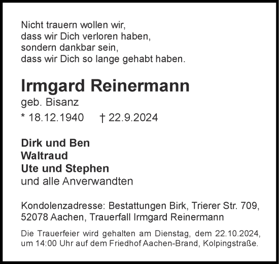 Traueranzeige von Irmgard Reinermann von Zeitung am Sonntag