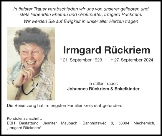Traueranzeige von Irmgard Rückriem von Zeitung am Sonntag