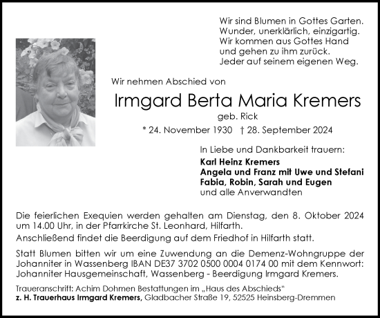 Traueranzeige von Irmgard Berta Maria Kremers von Zeitung am Sonntag