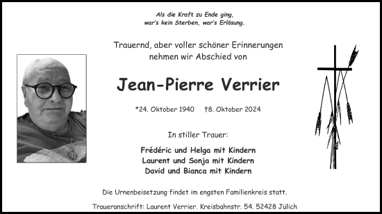 Traueranzeige von Jean-Pierre Verrier von Zeitung am Sonntag