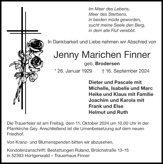 Traueranzeige von Jenny Marichen Finner von Zeitung am Sonntag