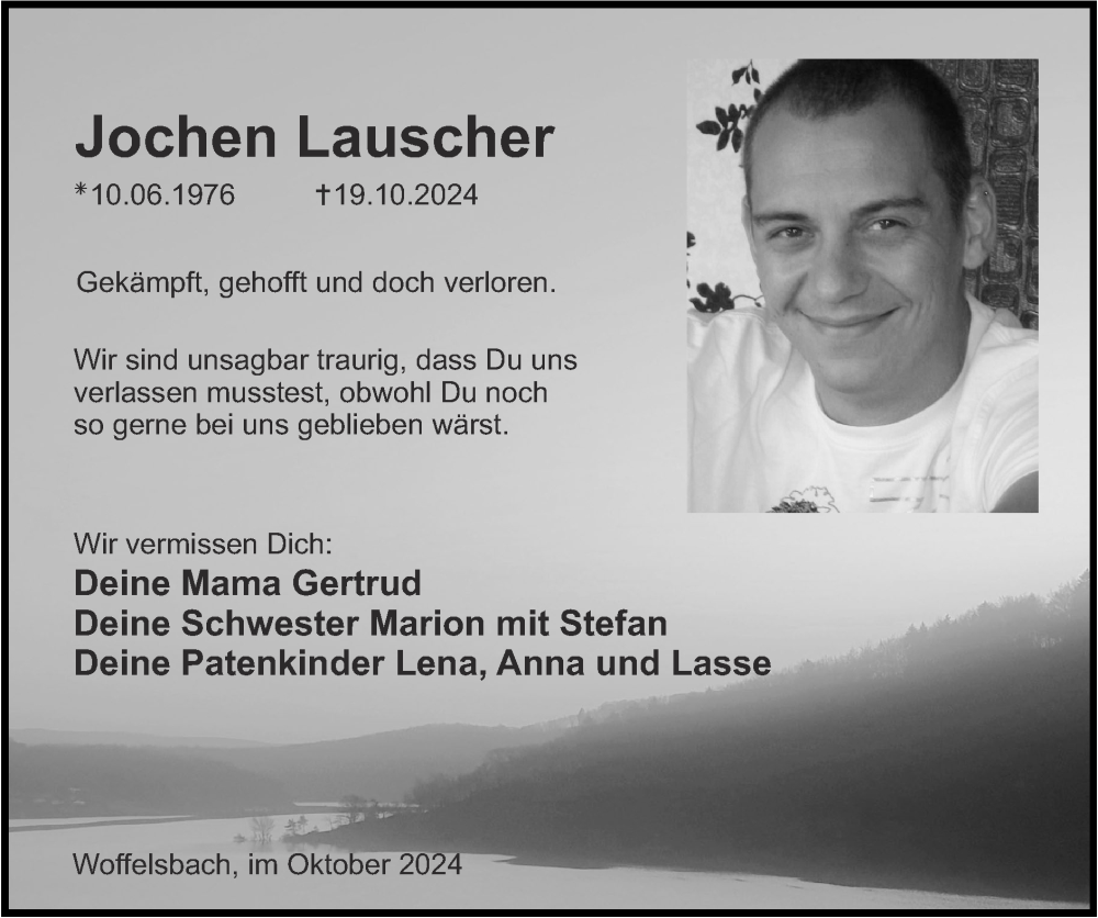  Traueranzeige für Jochen Lauscher vom 27.10.2024 aus Zeitung am Sonntag