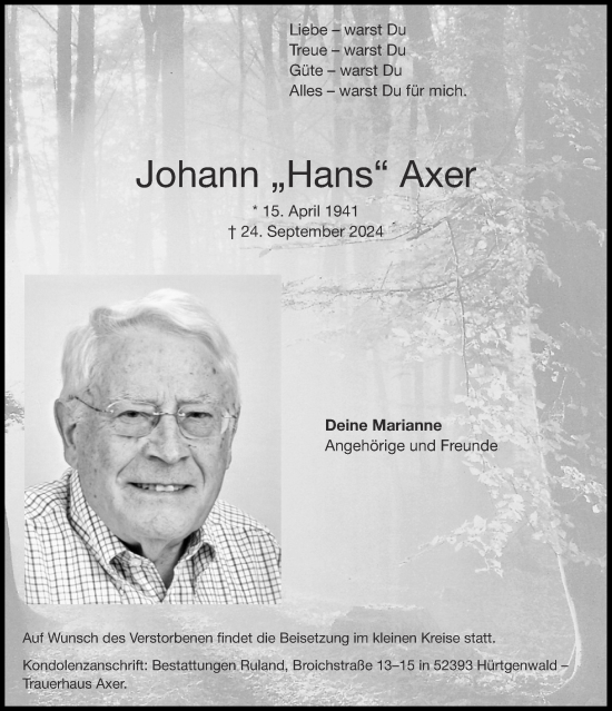 Traueranzeige von Johann Axer von Aachener Zeitung