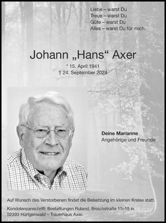 Traueranzeige von Johann Axer von Zeitung am Sonntag