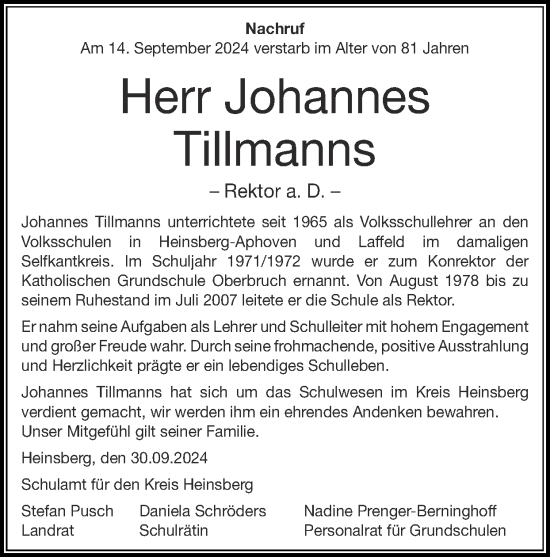 Traueranzeige von Johannes Tillmanns von Zeitung am Sonntag