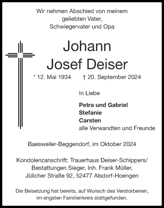 Traueranzeige von Johann Josef Deiser von Zeitung am Sonntag