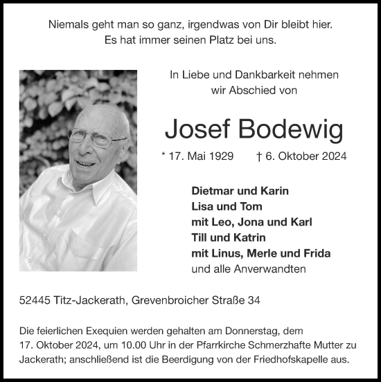 Traueranzeige von Josef Bodewig von Zeitung am Sonntag