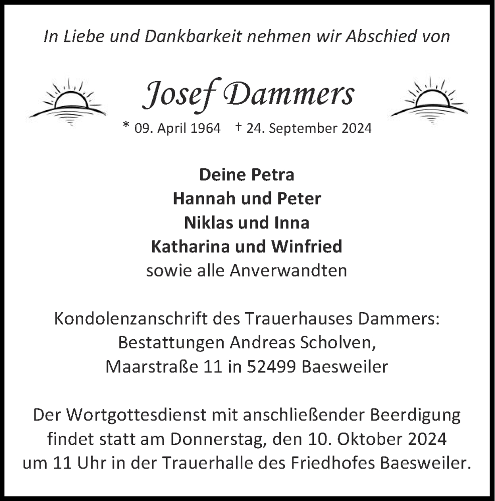  Traueranzeige für Josef Dammers vom 06.10.2024 aus Zeitung am Sonntag