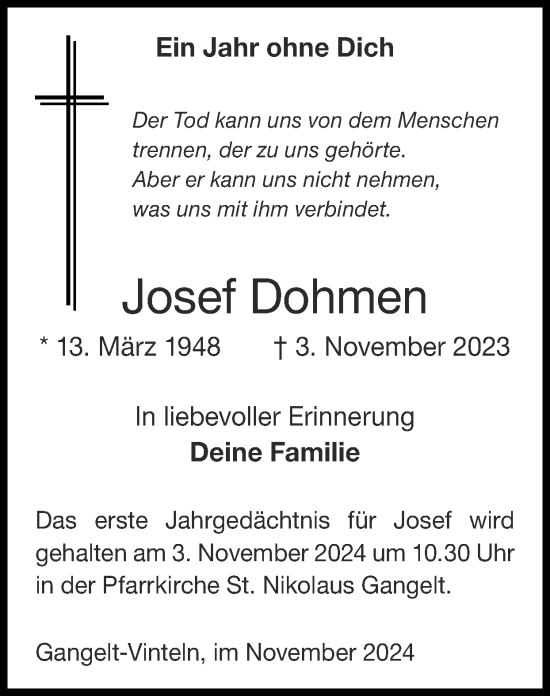 Traueranzeige von Josef Dohmen von Zeitung am Sonntag