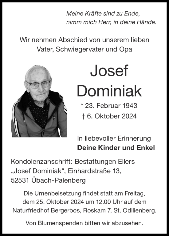 Traueranzeige von Josef Dominiak von Zeitung am Sonntag