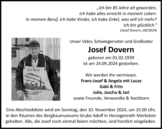 Traueranzeige von Josef Dovern von Zeitung am Sonntag