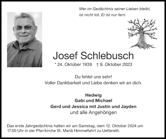 Traueranzeige von Josef Schlebusch von Zeitung am Sonntag