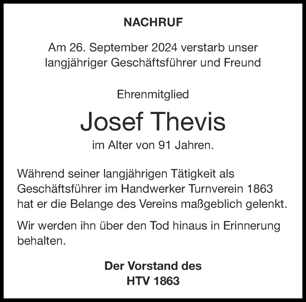  Traueranzeige für Josef Thevis vom 14.10.2024 aus Aachener Zeitung