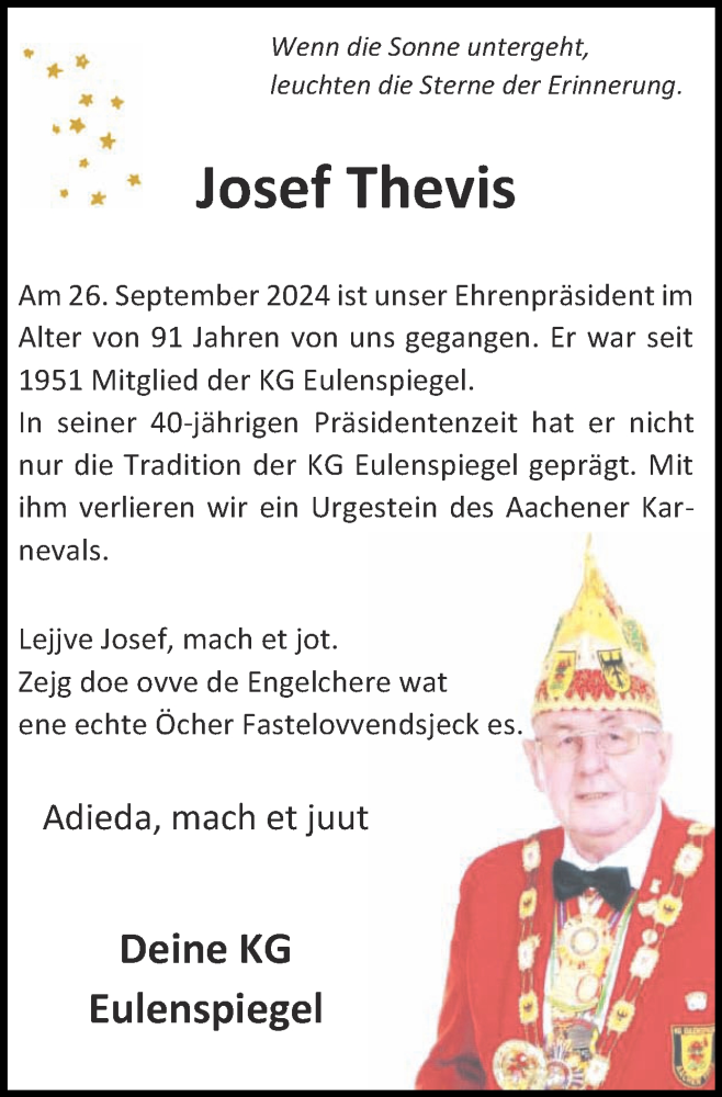  Traueranzeige für Josef Thevis vom 13.10.2024 aus Zeitung am Sonntag