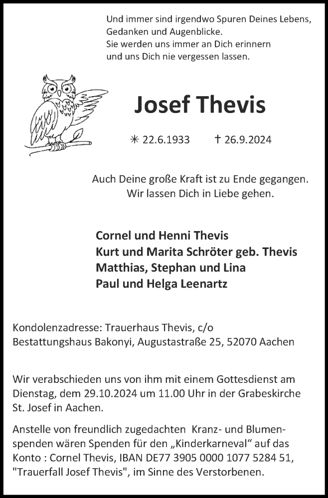  Traueranzeige für Josef Thevis vom 13.10.2024 aus Zeitung am Sonntag