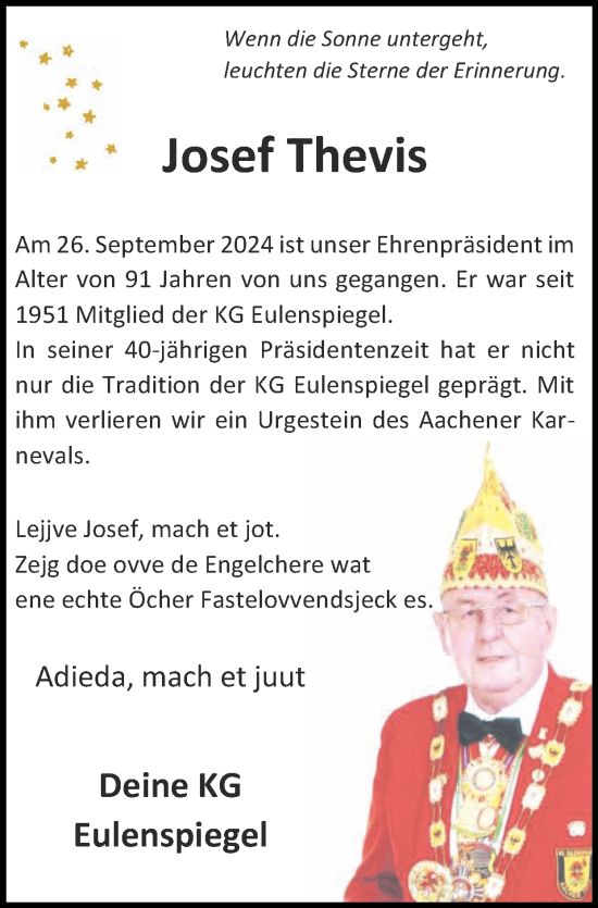 Traueranzeige von Josef Thevis von Zeitung am Sonntag