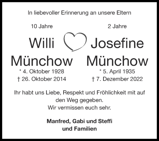 Traueranzeige von Josefine Münchow von Zeitung am Sonntag