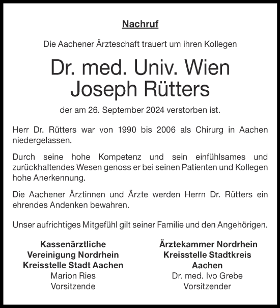 Traueranzeige von Joseph Rütters von Aachener Zeitung