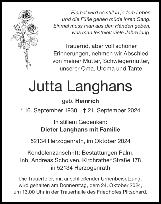 Traueranzeige von Jutta Langhans von Zeitung am Sonntag