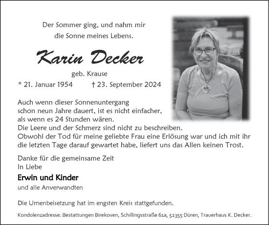 Traueranzeige von Karin Decker von Zeitung am Sonntag