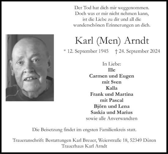 Traueranzeige von Karl Arndt von Zeitung am Sonntag