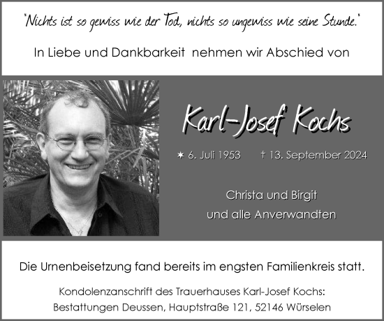 Traueranzeige von Karl-Josef Kochs von Zeitung am Sonntag