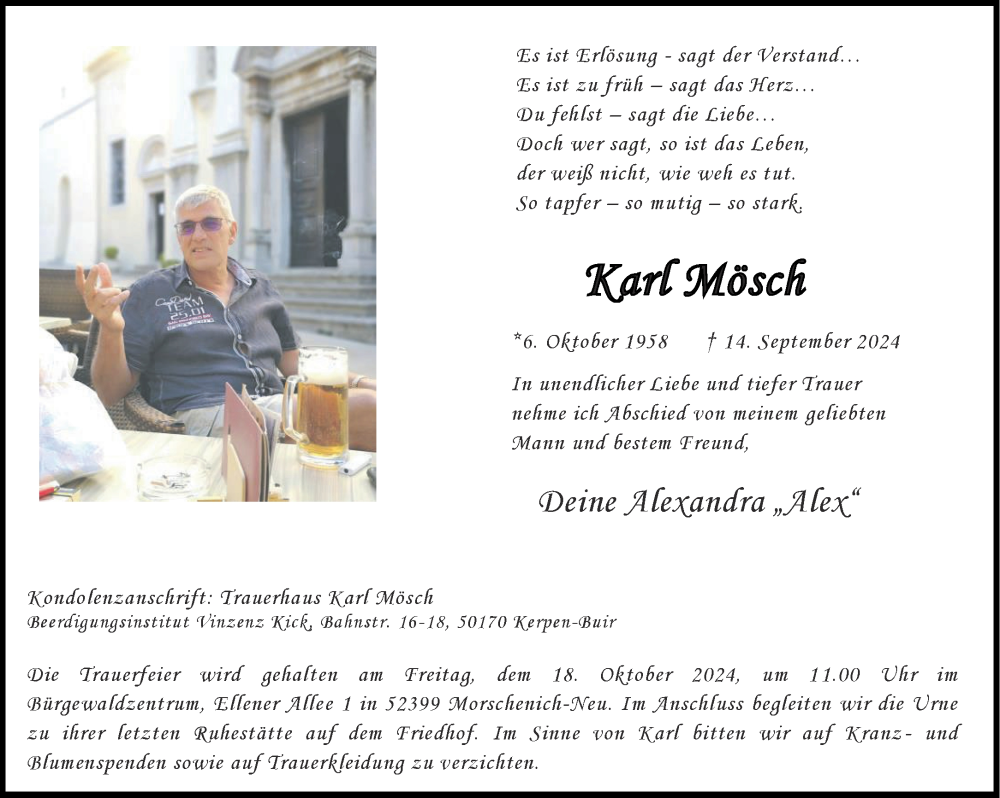  Traueranzeige für Karl Mösch vom 12.10.2024 aus Aachener Zeitung