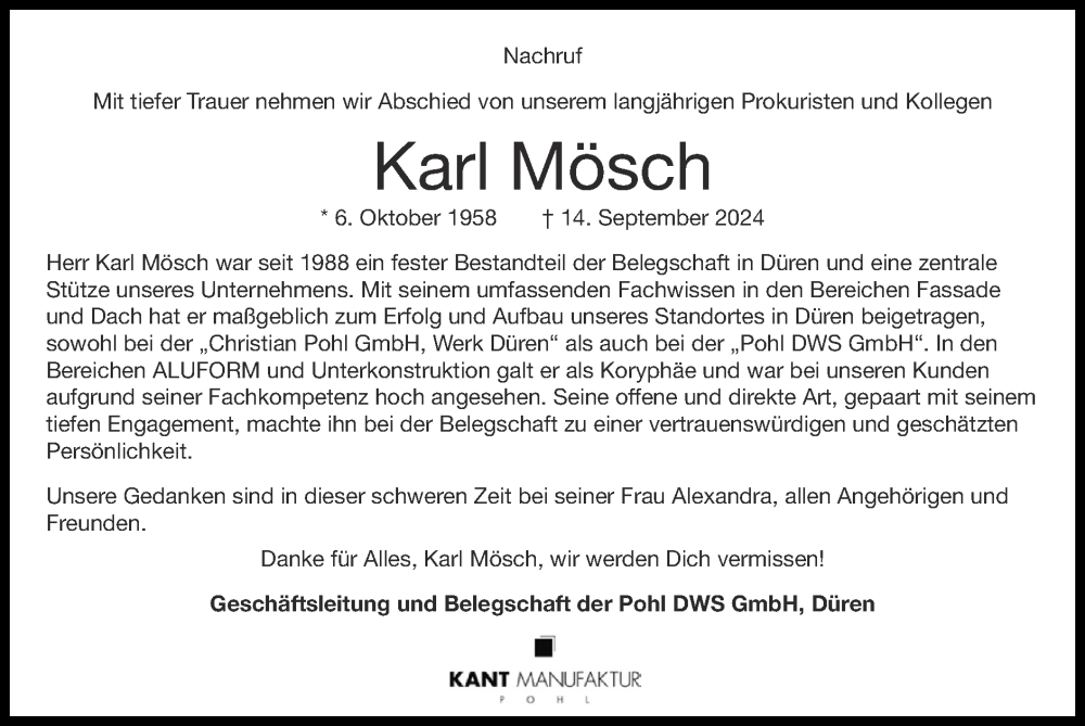  Traueranzeige für Karl Mösch vom 13.10.2024 aus Zeitung am Sonntag