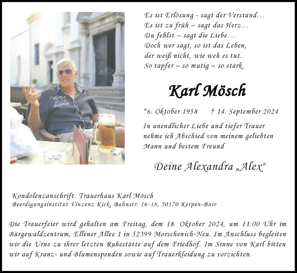  Traueranzeige für Karl Mösch vom 13.10.2024 aus Zeitung am Sonntag