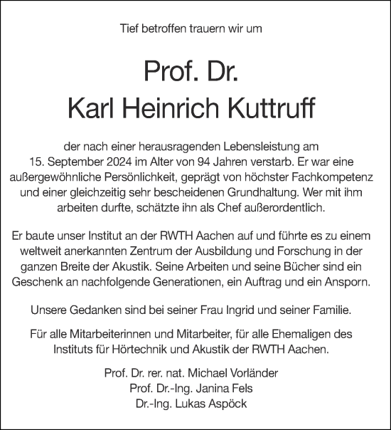 Traueranzeige von Karl Heinrich Kuttruff von Aachener Zeitung