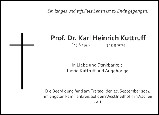Traueranzeige von Karl Heinrich Kuttruff von Aachener Zeitung