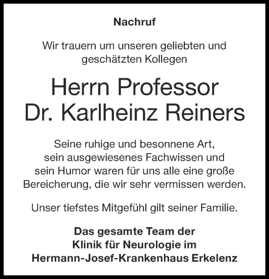 Traueranzeige von Karlheinz Reiners von Zeitung am Sonntag