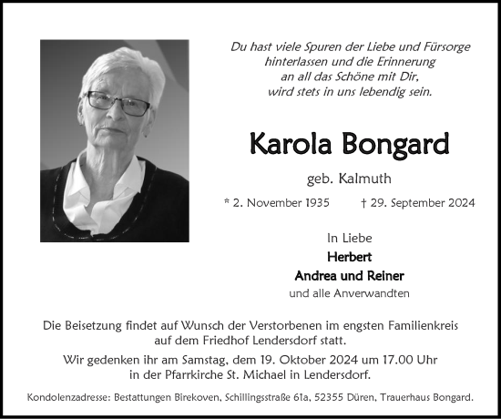 Traueranzeige von Karola Bongard von Zeitung am Sonntag