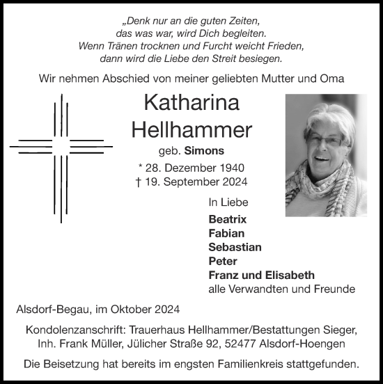 Traueranzeige von Katharina Hellhammer von Zeitung am Sonntag