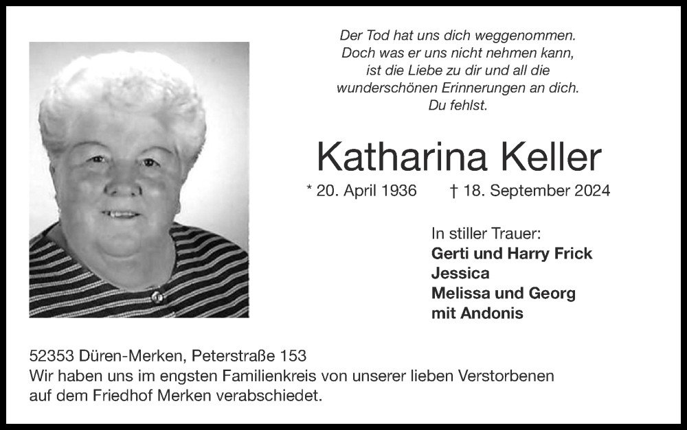  Traueranzeige für Katharina Keller vom 06.10.2024 aus Zeitung am Sonntag