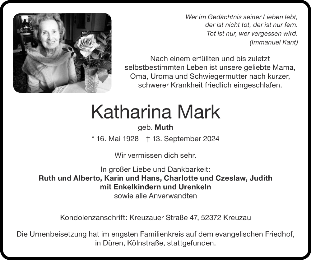  Traueranzeige für Katharina Mark vom 13.10.2024 aus Zeitung am Sonntag