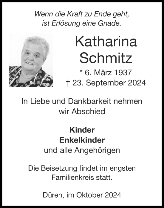 Traueranzeige von Katharina Schmitz von Zeitung am Sonntag