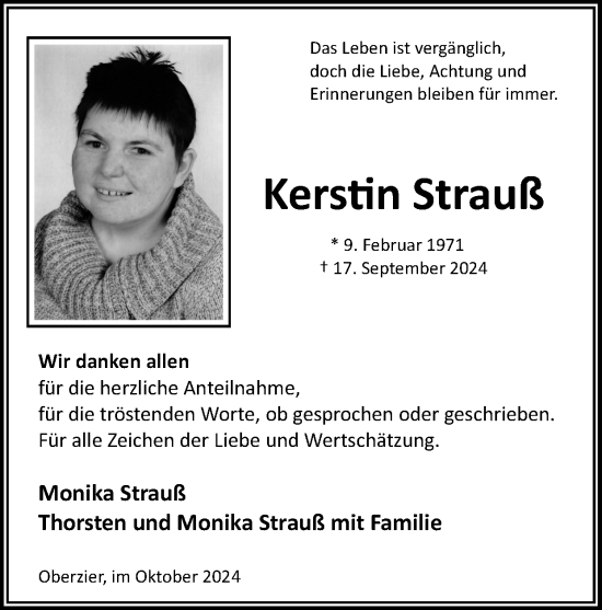 Traueranzeige von Kerstin Strauß von Zeitung am Sonntag