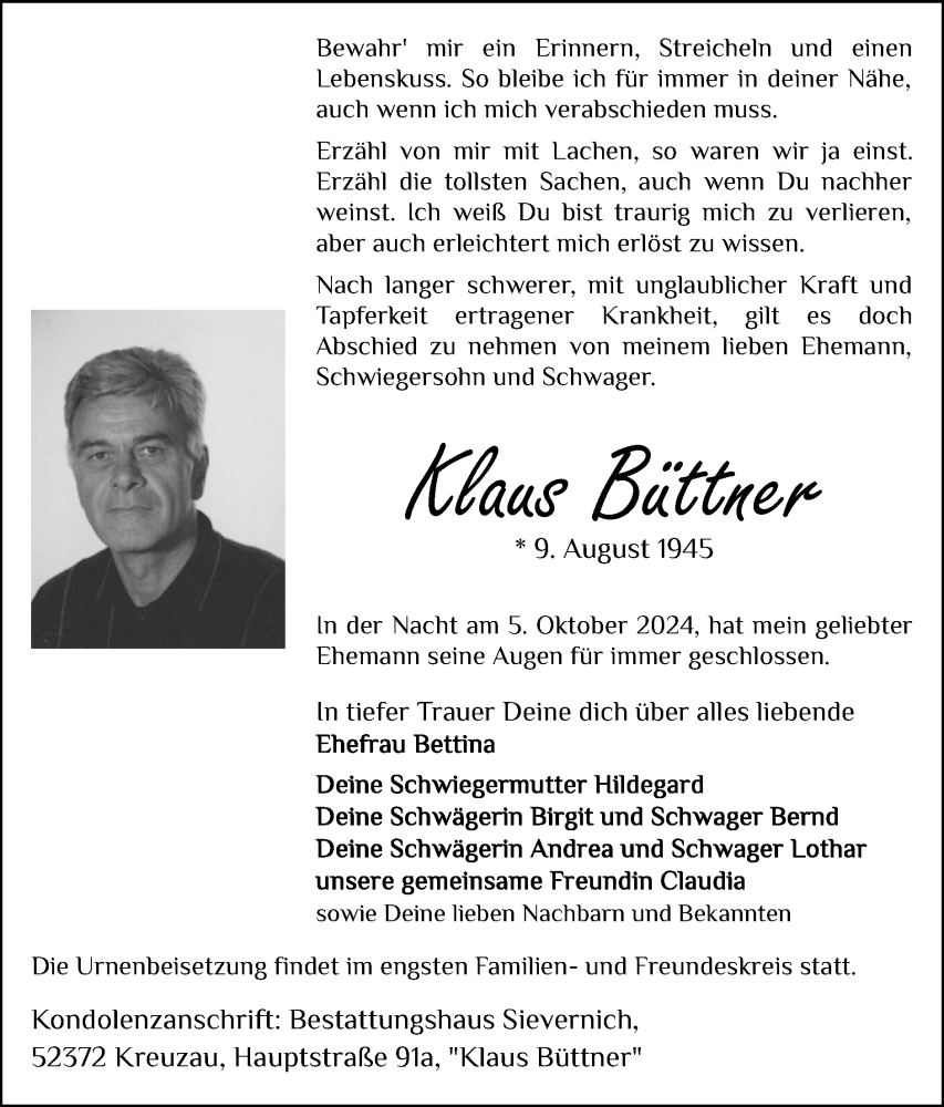  Traueranzeige für Klaus Büttner vom 20.10.2024 aus Zeitung am Sonntag