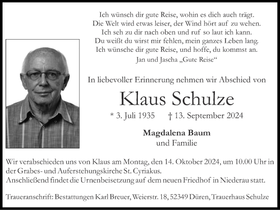 Traueranzeige von Klaus Schulze von Zeitung am Sonntag