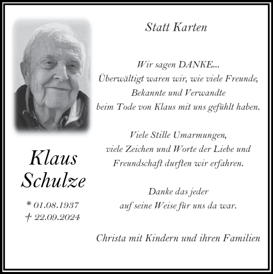 Traueranzeige von Klaus Schulze von Zeitung am Sonntag