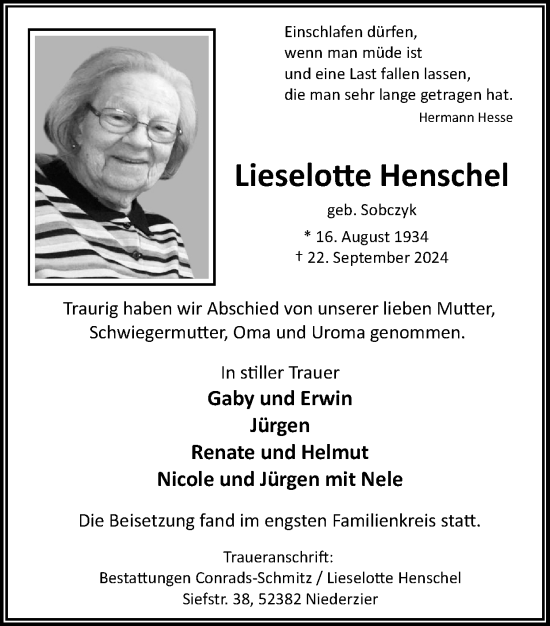 Traueranzeige von Lieselotte Henschel von Zeitung am Sonntag